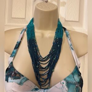 Vintage Handcrafted Teal & Navy Multi-Strand Beaded Necklace waterfall